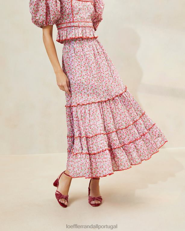 Loeffler Randall mulheres saia midi ellie morango com bainha recortada roupas estampa de morango FF0JR225