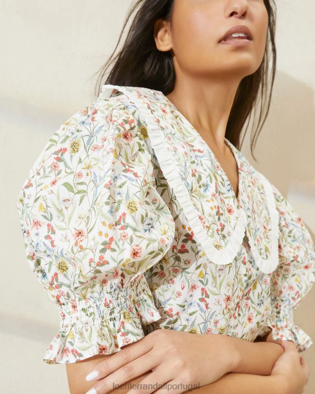 Loeffler Randall mulheres blusa manga bufante chantal roupas creme/trevo/papoula multi floral FF0JR202