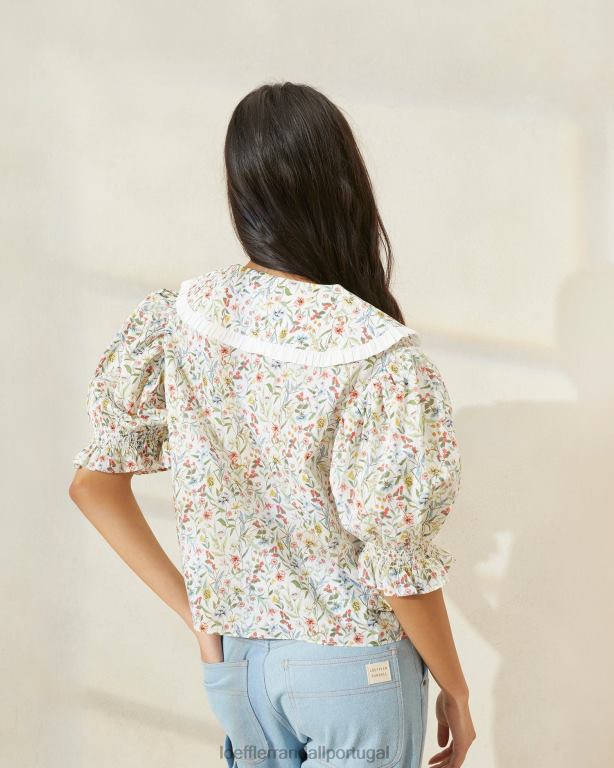 Loeffler Randall mulheres blusa manga bufante chantal roupas creme/trevo/papoula multi floral FF0JR202
