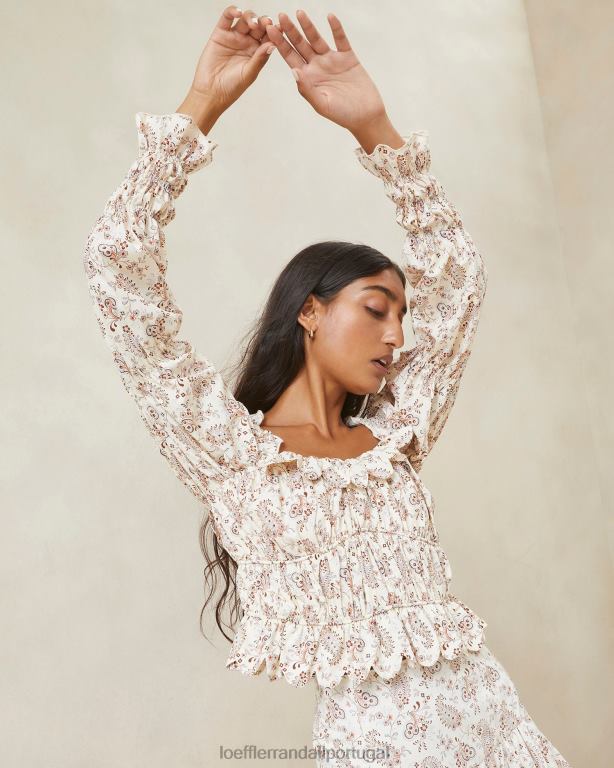 Loeffler Randall mulheres top misha paisley com babados ondulados roupas creme paisley floral FF0JR239