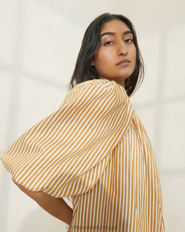 Loeffler Randall mulheres vestido manga bufante oversized com listras mimi roupas faixa marrom FF0JR175