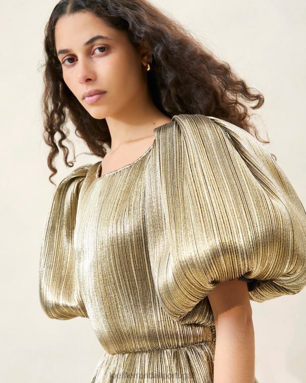 Loeffler Randall mulheres vestido plissado manga bufante dorit roupas ouro escuro FF0JR194