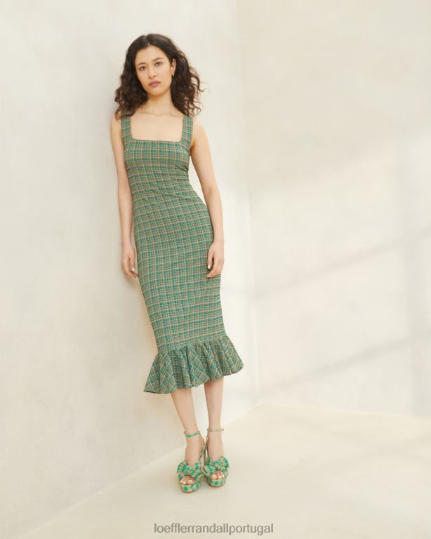 Loeffler Randall mulheres vestido regata com babados yessica roupas xadrez verde/caramelo FF0JR188